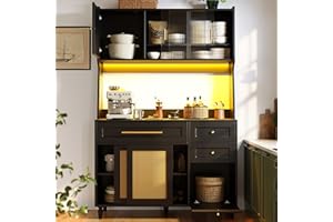 A ALFRESCOOL Armario de cocina, armario alto, armario de vitrina, armario buffet con estantes ajustables, armario de comedor con 3 cajones, aparador con iluminación LED, ratán sintético, color negro