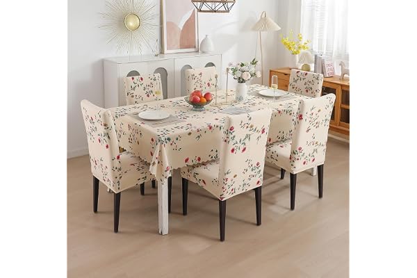 House of Quirk Polyvinyl Chloride (PVC) Dining Chair Cover With Rectangular Table Covers For Kitchen Waterproof Dining Table Cloth (Beige Tulip, 1 Rectangular Table Cover + 6 Chair Cover)