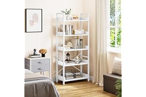 YITAHOME Librería de 5 Niveles, Estantería Industrial para Libros, Estante de Madera y Estructura de Acero Estable, estanterías con 4 Ganchos para Sala de Estar, Oficina en casa, Blanco Puro