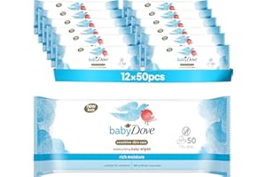 Baby Dove Sensitive Skin Care Baby Wipes, Rich Moisture - Soft Cleansing, Moisturising & Gentle Wet Tissue for Newborns & Infants, Perfect for Nursery & Travel Essentials, Resealable - Pack of 12
