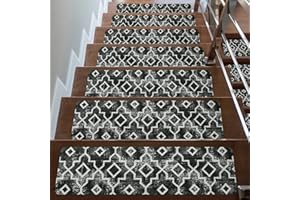 Tiveney 15PCS 8"x30" Black Non Slip Stair Treads, Modern Washable Reusable Carpet for Wooden Steps, Indoor Safety Staircase Step Treads for Kids Elders Dogs