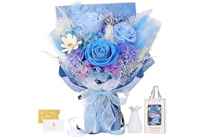 MAMAMIKO Eternal Rose Flower Bouquet with Vase Blue, Infinity Preserved Real Flower, Rose Bouquet in Gift Box, Gift for Her Women Girlfriend Mum Grandma for Valentine's Day Anniversary Birthday
