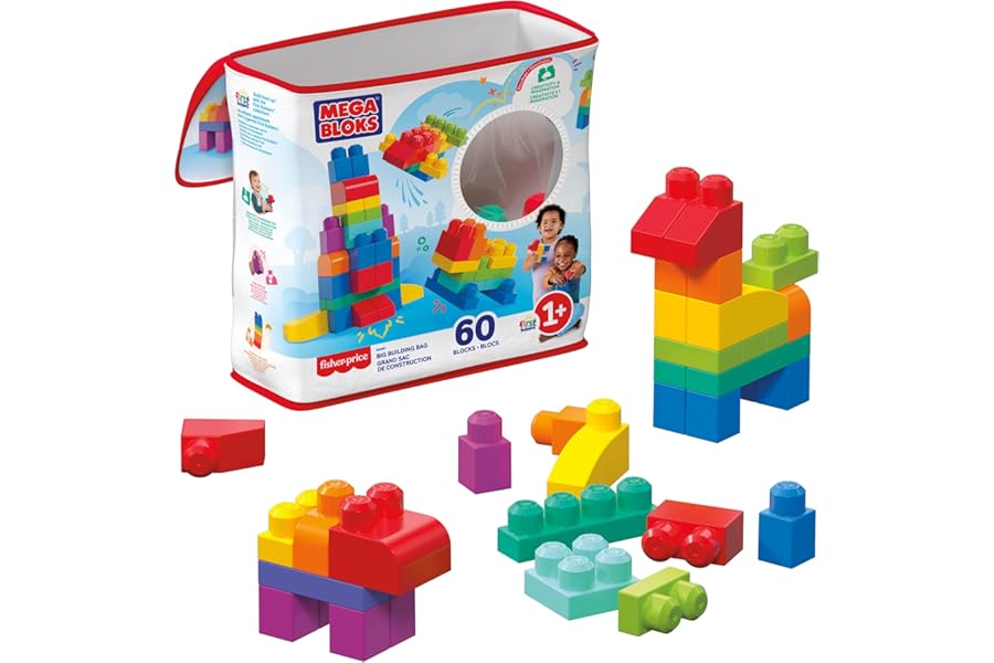 MEGA Bloks - Eco Blocks Bag Set of 60 Coloured Blocks for Creating Super Tall Towers, Fantastic Castles and More - Toy for Kids 1+ Years, DCH55