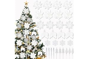 XIMISHOP 36PCS White Glitter Christmas Poinsettia，White Artificial Poinsettia Christmas Flowers Berry Stems for Xmas Tree Decorations Wreath Decor
