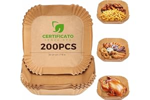 WOOBROO Carta da Forno per Friggitrice ad Aria, 200 Pezzi, 20 x 20 cm, Carta da Forno, Senza BPA, Monouso, Antiaderente, Senza Olio, per Friggitrici Senza Olio da 5 a 8 litri