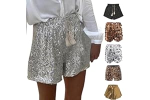 MJIQING Damen Shorts Pailletten Kurz Hose Glitzer Hohe Taille Shorts mit Kordelzug Frauen Metallic Hotpants Pailletten Shorts Festivals Outfits Glänzend Kurze Hose Sexy Hotpants für Partys