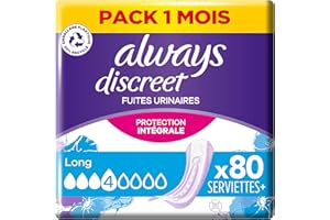 Always Discreet, 80 Serviettes Hygiéniques Incontinence Femme, Long 4 Gouttes, Protection Absorbante pour Fuites Urinaires Importantes, Pack 1 Mois
