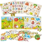6 Puzzles en Bois Puzzle à Encastrement Jouet Éducatif Montessori Puzzle de Ferme,Véhicules de Trafic,Alphabet, Insectes, Ani