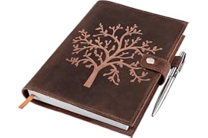 Refillable Leather Journal Lined Notebook - Embossed Tree of Life MOONSTER® Handcrafted Genuine Leather Notebook for Men & Women with Pen Holder Includes Premium-Milled A5 Lined Paper & Silver Pen