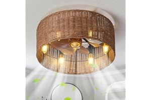 ENXING Ventilateur De Plafond En Rotin Avec Lumière Et Télécommande 50cm Lampe De Plafond En Bambou Avec Minuterie À 6 Vitesses Pour Chambre À Coucher Salle À Manger Cuisine E12*6 (ampoule Non Incluse