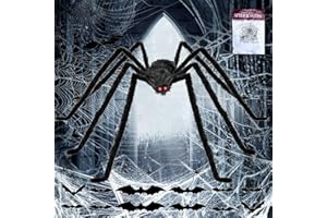 FFTANXS Halloween Spinne Dekorationen, Halloween Deko Spinne Set inkl 200cm Riese gruselige Spinnen, 60g Spinnweben, 10 kleine Spinnen,12 Fledermäuse,Halloween Deko Garten draußen Halloween Requisiten