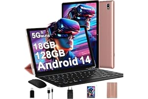 DMOAO Tablet 10 Zoll Android 14 mit 5G WLAN 6, 18 GB RAM + 128 GB ROM(TF 1TB), Widevine L1, Octa-Core, BT 5.0, Face ID, FHD 1280 * 800 IPS, 6000 mAh, 2 in 1 Tablet mit Tastatur + Maus, Rose Gold