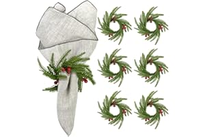 KUNJOCY 6 Pcs Christmas Norfolk Napkin Rings with Berries, Inner 5cm Norfolk Greenery Christmas Napkin Holder Winter Napkin Rings for Xmas Holiday Winter Table Decoration Dinner Wedding Party (6)