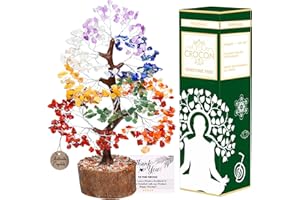 Crocon Seven Chakra Gemstone Tree Feng Shui Figurine Money Bonsai Good Luck Reiki Healing Crystals Balancing Decoration Ornament Sculpture Wealth Prosperity Table Room Decor Gift Size 10-12"