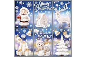 Xyxu Christmas Window Stickers, 8 Sheet Reusable Christmas Decorations White Santa Xmas Window Stickers Clings, Staic Snowflake Window Stickers Christmas Scene for Indoor Christmas Window Decorations