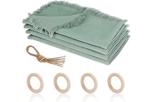 Ticeed 4 Servilletas de Tela, Juego de Servilletas de Lino +Anillos de Madera Natural, 4 Servilletas de Lino para Cenar, 45 x 45cm Lino Servilleta Tela con Flecos para Navidad, Cumpleaños (Verde)