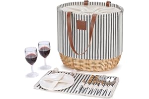 WILLOW WEAVE Portable Picnic Basket Bag for 2 with Two Sets of Plates, Silverware, and Plastic Wine Glasses, Roomy Insulated Beach Tote Bag for Thanks Giving Chritmas Stripe