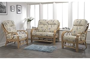 DESSER & CO LTD THE HOME OF RATTAN FURNITURE SINCE 1919 Desser Madrid Light Oak Rattan Conservatory Furniture Set – 2 Seater Sofa & 2x Armchairs - Fully Assembled Luxury Indoor Real Natural Rattan Wicker Chair & Settee with UK Manufactured Cushions – Oasis