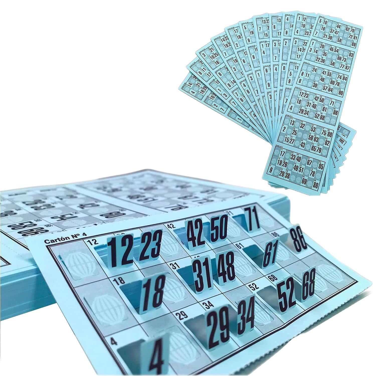 Genérico 960 Cartones Bingo Troquelados Reutilizables 90 Bolas – Cartones de Bingo, Serie Completa Numerada, Juego Tradicional para Eventos y Asociaciones, Pack Completo Listo para Jugar (Azul)