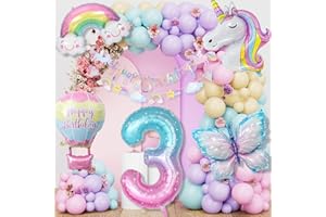 LAISLLA Einhorn Geburtstagsdeko Mädchen, 3 Jahre Schmetterling Geburtstag Deko, Einhorn Deko Kindergeburtstag, 1-10 Jahre Happy Birthday Deko, Einhorn Luftballons für 3. Geburtstag Mädchen Deko