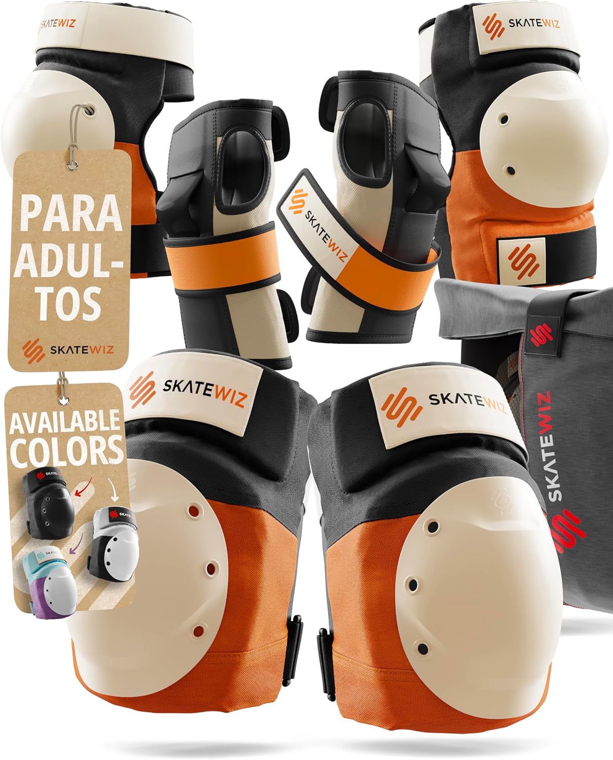 SKATEWIZ Protecciones Patines Adulto, Rodilleras Skate - Protecciones Patines de Hielo - Kit Protección Skate - Rodilleras y Coderas Adulto - Shield Talla M/L Naranja