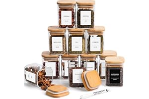 Happy Lemuro Gewürzgläser Eckig | 12er Set | Glas Vorratsdosen 180 ml, 279 Gewürzetiketten, Stift, Holzdeckel. 6x6x8,5 cm, 12 Gewürzbehälter | Gläser für Gewürzaufbewahrung, Gewürze Aufbewahrung