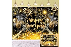 TENCOW Happy New Year Backdrop Noir et Or Photographie Backdrop Nouvel an Gala décoration bannière 2024 Nouvel an Feux d'artifice Fond Photo