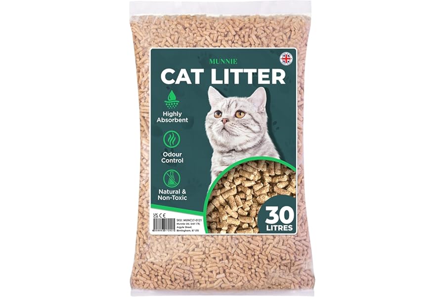 Munnie Cat Litter 30L – Biodegradable, Dust-Free, Unscented, Ultra-Absorbent Wood Pellets for Cats & Kittens, Natural Cat-Litter for Housetraining, Non-Clumping, Litter Granules, Pet-Safe