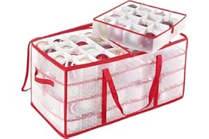 SONGMICS Christmas Ornament Storage Box, Storage Cube Bin for Christmas Decorations, 128 Box Places, Modular Dividers, 64.5 x 33.5 x 34 cm, Cherry Red RFB029T01