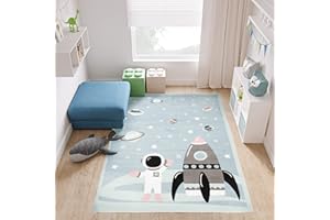 TAPISO Baby Tappeto Gioco Bambini Sala Giochi Cameretta Bambini Ragazzi Camera Morbido Motivo Astratto Razzo Spaziale Astronauta Multicolore Tonalità Blu Pelo Corto 200 x 300 cm