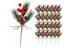 ALAGIRLS 24 Pcs 8” Artificial Red Berry Christmas picks with Mini Pine Cones for Crafts, Faux Christmas Decorations, Fall Wreath for Birthday Wedding Table Centerpiece Decor