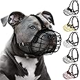 Pitbull Dog Muzzle Breathable Metal Basket for Large Dogs Amstaff Staffordshire Terrier Secure Wire Mask Adjustable Durable Leather Straps Biting Chewing Barking (Black)