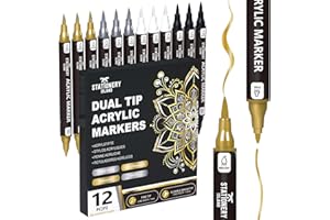 STATIONERY ISLAND Acrylic Paint Pens 12 PCS – Metallic Gold Silver White Black, Dual Tip Fine & Brush Markers, Water Based for Rock Glass Ceramic Wood Metal DIY & Halloween Crafts