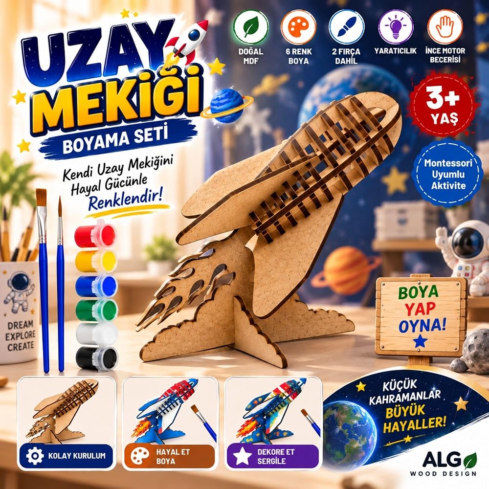 Alg Wood Design Ahşap Uzay Mekiği Boyama Seti – 3D MDF Maket Model, 6'lı Boya ve 2 Fırça