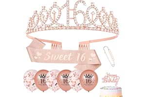 Popuppe 16. Geburtstagskrone und Geburtstag Schärpe,Sweet 16 Schärpe Tiara Krone, Cupcake Topper Konfetti Luftballons für 16. Geburtstag Geschenke Mädchen Deko