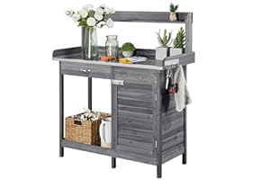Yaheetech Table de Rempotage Table Jardinage avec Tiroirs Crochet et Armoires de Rangement Surface Métallique Galvanisé pour Balcon/Terrace/Jardin Gris