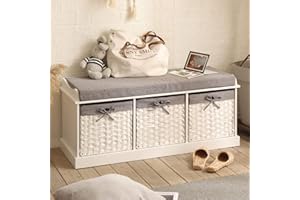 Home Source Malibu Hallway Shoe Storage Bench Wooden Chest Wicker Basket Cushion Padded Seat, Engineered Wood, White, 3 Drawer
