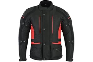 Sterling Sports® Mens Waterproof Jackets CE Armoured Motorcycle Men's - Quick Dry Motorbike Jacket for Summer or Winter Riding - Textile Cordura Polyester (Black Red, Medium (38-40)