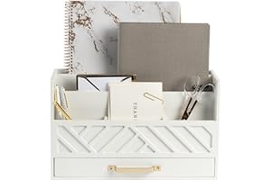 BLU MONACO White Wooden Desk Organizer with Drawer and Gold Handle - Desk Organizers and Accessories for Office Organization and Storage - Home, Office and Classroom Desk Supplies and Organizers