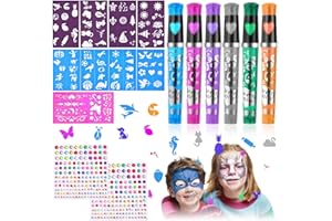 AOMIG Pióro do tymczasowego tatuażu, zestaw 6 pisaków do tatuażu brokatowego z 9 szablonami i 2 naklejkami z kryształkami, błyszczące markery do tatuażu na ciele do przebieranek dla dzieci