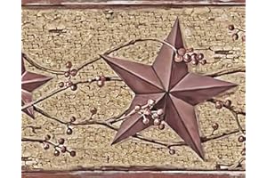Dundee Deco BD6222 Selbstklebende Tapetenbordüre, patriotisches Beige, Braun, Kastanienrot, Zinnstern, Beeren auf Weinrebe, Wandbordüre, Retro-Design, 4,57 m x 17,78 cm