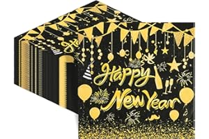 HIENJOIN 40 Stück Silvester Servietten 2026, 33x33 cm Schwarz Gold New Year Decoration für Neujahr Tischdekoration Happy New Year Deko Set für Silvesterparty Jahreswechsel Familienfeier