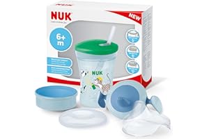 NUK Set per imparare a bere 3 in 1 con tazza da allenamento (6 mesi), tazza Magic Cup a 360° (8+M) e borraccia (12+M) | 230 ml | senza BPA | leopardato verde