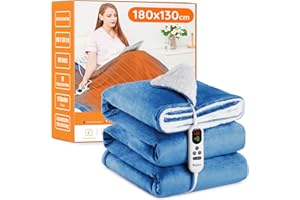 MIA&COCO Manta Eléctrica Grande Térmica para Cama 130x180cm 10 Niveles de Calor y Temporizador de Apagado Automático de 1~9 Horas para Protección, Pantalla LED, para Cama Hogar y Oficina, Franela Lavable, Azul