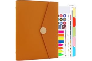 HXRTANGS Raccoglitore per Quaderni in Pelle PU, Formato A5, Ricaricabile, con Ricariche di Carta, Bandiere Indice, Divisori a Tema, Adesivi Budget, Tasca con Cerniera e Righello, Arancione