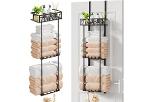 HapiRm Over Door Towel Rack - 3 Tier Towel Rack Wall Mounted with Metal Shelf Basket and 6 Hooks, Space-Saving Bathroom Towel Holder, Bathroom Towel Storage for Small Bathroom Storage & Organisation