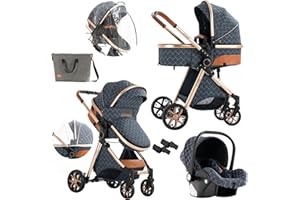 Nine point nine Poussette 3 en 1, Poussette Bebe avec Double Modes de Poussée Réversibles, Poussette Canne avec Grande Nacelle Confortable, Pousette avec Cadre Aluminium Haute Paysage (V9 Blue)