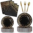 Nkaiso Party Tableware 144 Pieces Black Gold Kids Birthday Party Plates Party Supplies Set Includes Paper Plates Napkins Reusable Cutlery for Birthday Decorations Christening Wedding Shower-24 Guests