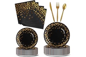 Nkaiso Party Tableware 144 Pieces Black Gold Kids Birthday Party Plates Party Supplies Set Includes Paper Plates Napkins Cutlery for Birthday Decorations Christening Wedding Shower-24 Guests