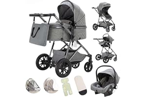 Gcarebb Poussette 3 en 1, Poussettes Citadines Avec Siège Auto, Poussettes Combinée Poignée Réglable en Hauteur Haut Cadre, Poussette canne compacte 0-36kg Paysage